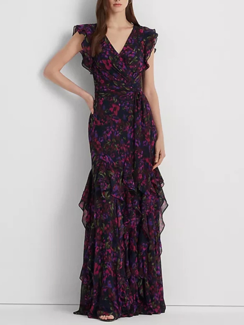 Ralph Lauren Georgette Dress Long Formal Ruffle Flutter Floral 6